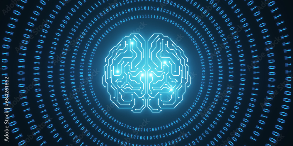 Poster Glowing brain hologram with binary coding on blue background. Programming, machine learning and artificial intelligence concept. 3D Rendering.