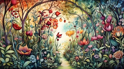 Obraz na płótnie Canvas Enchanted Path Through a Lush Floral Forest