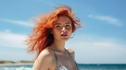Naklejka premium Beautiful redhaired girl smiling against the background of the beach and sea.