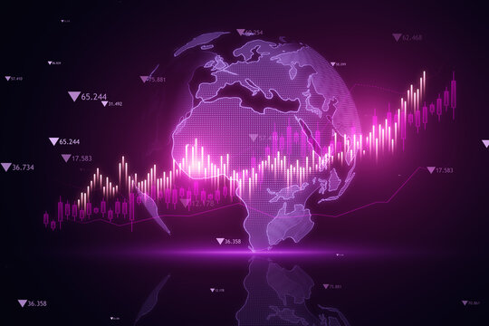 Global Stock Market Trend Analysis Purple Hue. 3D Rendering