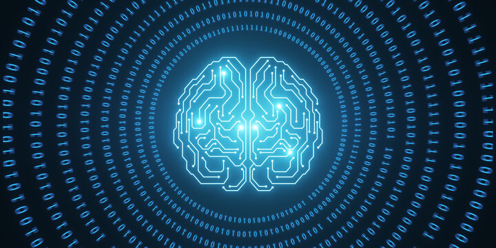 Glowing brain hologram with binary coding on blue background. Programming, machine learning and artificial intelligence concept. 3D Rendering.