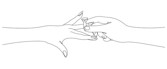line art vector drawing of close up of male hand inserting an engagement ring Into a finger