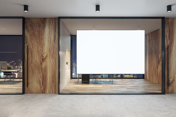 Modern glass office hall interior with empty white mock up banner, wooden and concrete walls, window with night city view. 3D Rendering.