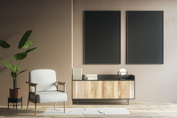 Modern living room interior with two empty black mock up posters on beige wall, furniture and plant. 3D Rendering.