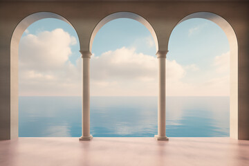 Empty pink room with arches and pillars - calming ocean view - peaceful lucid dream aesthetics - minimalist Architecture design - Contemporary Interior style with modern simplicity. 