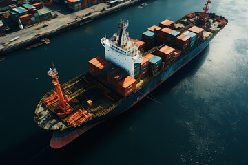 Aerial drone photo of container cargo ship cruising deep blue sea. Well-lit day time, sunlighting
