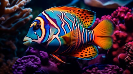 A group of Discus Fish gracefully swimming through lush aquatic plants in a full ultra HD,