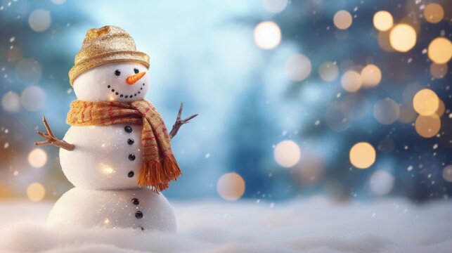 snowman clipart with bokeh in gold and blue in the background, copy space, 16:9