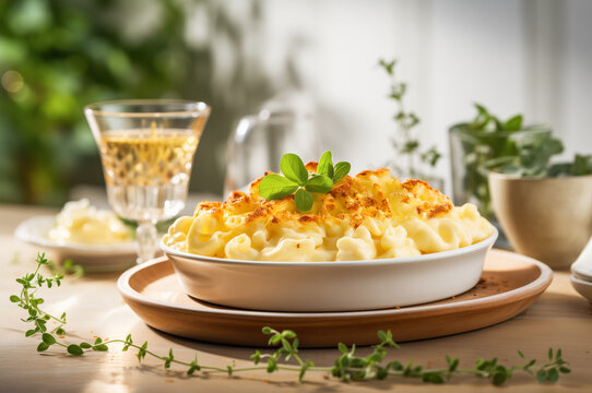 Baked Macaroni and cheese casserole with creamy cheese sauce and crunchy breadcrumb topping served in white baking dish on wooden table. Horizontal, side view.