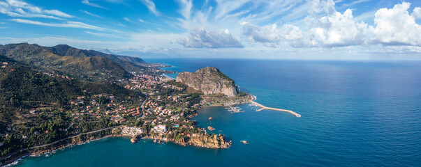 Aerial view of a coastline near Cefalu medieval village of Sicily island, Italy