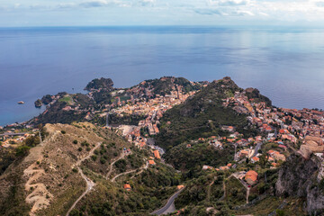 Obraz premium Aerial view of hills of Taormina city, Sicily, Italy