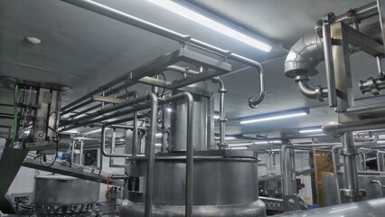 Stainless stainless pipe to flow water and product and tank in production room of factory