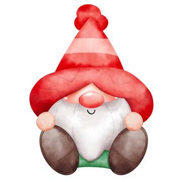 Cute Christmas gnome character is sitting with smile face watercolor digital clipart