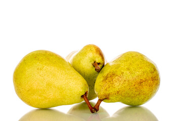 Three juicy sweet pears, macro, isolated on white background.