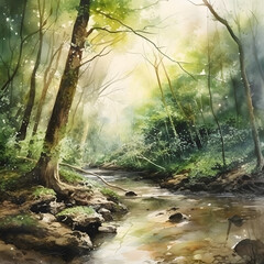 Enchanted Forest Stream: Sunlight Piercing Through Mist Amongst Ancient TreesAI generativ