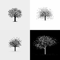 Creative Logo of A tree where the leaves are made of pixels, no text, minimalist logo, professional logo, black and white