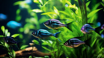 A group of Discus Fish gracefully swimming through lush aquatic plants in a full ultra HD,