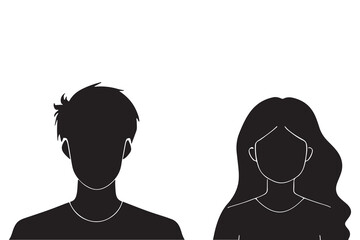 A vector illustration depicting male and female face silhouettes or icons, serving as avatars or profiles for unknown or anonymous individuals. The illustration portrays a man and a woman portrait.