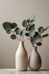 Close-up minimalistic interior design with two vases and eucalyptus leaves on a plain beige background on the table.