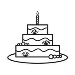 Birthday cake with three stacks, one candle, pearl and flower decoration vector icon outline isolated on square white background. Simple flat monochrome minimalist cartoon art styled drawing.
