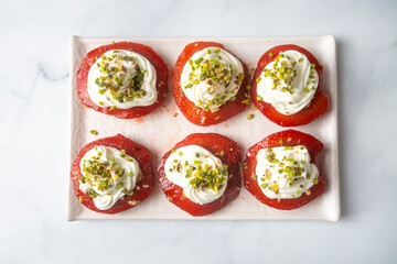 Traditional Turkish style quince dessert. The quince is cooked until soft, sherbet is poured on it, and served with cream and walnuts. It is one of the most popular Turkish desserts.(Ayva Tatlisi)