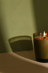 Burning Soy Organic Candle Amidst a Green Backdrop, Featuring an Empty Label for Personalized Customization and Infusing the Surroundings with Cozy Ambiance