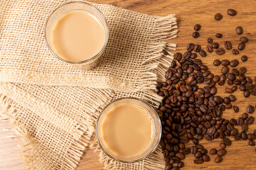 Top View Cup of coffee with milk in American glass, Typical Breakfast in brazil.