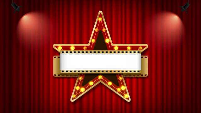 4k animation of a cinema theater sign shape star color red on red curtain ang spotligth
