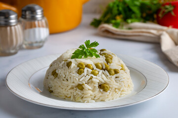 Traditional delicious Turkish foods; pea rice (Turkish name; Bezelyeli pilav)