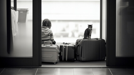  little girl packs her bags, preparing to set off pace around. little girl organizing her luggage while the cats roam nearby. - obrazy, fototapety, plakaty