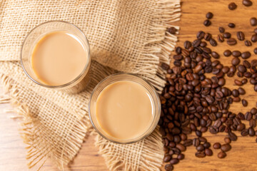 Top View Cup of coffee with milk in American glass, Traditional Breakfast in brazil.