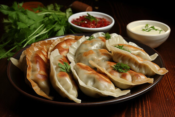 Plate dumplings - pierogi fried with parsley, grilled traditional dish with white and red sauce,...
