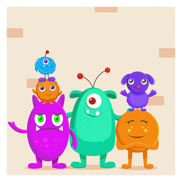 Collection of funny monsters or aliens. Bundle of cute fantastic or fairytale creatures. Cartoon characters. Bright colored childish vector illustration