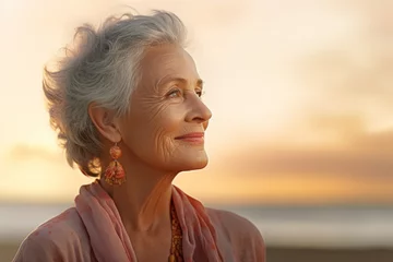 Rolgordijnen happy old woman standing in front of sunset beach bokeh style background © Koon