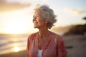 Zelfklevend Fotobehang happy old woman standing in front of sunset beach bokeh style background © Koon