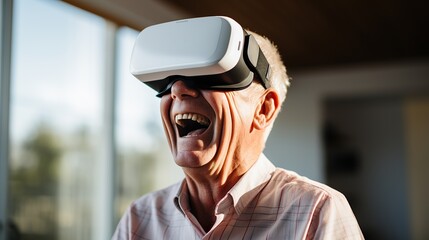 old man using virtual reality goggles at home
