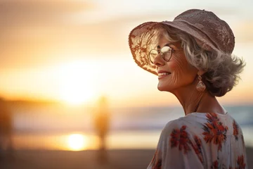 Foto auf Acrylglas happy old woman standing in front of sunset beach bokeh style background © Koon