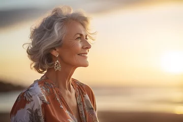 Zelfklevend Fotobehang happy old woman standing in front of sunset beach bokeh style background © Koon
