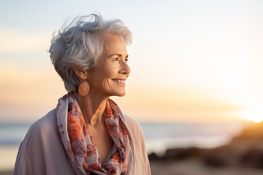 happy old woman standing in front of sunset beach bokeh style background