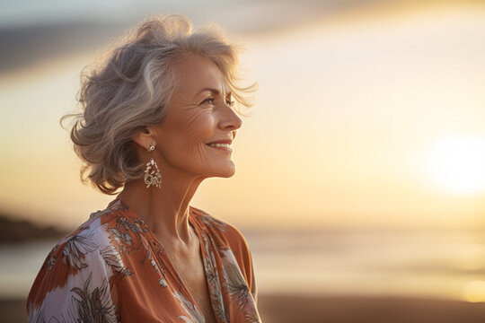 happy old woman standing in front of sunset beach bokeh style background - Powered by Adobe