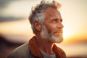 Fototapeten happy old man standing in front of sunset beach bokeh style background © Koon