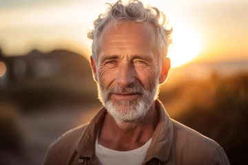 Poster happy old man standing in front of sunset beach bokeh style background © Koon
