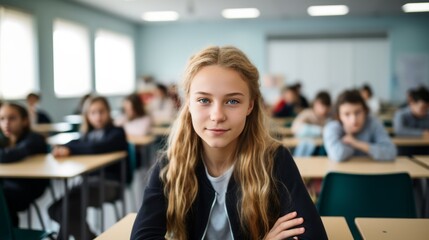 portrait photo of a 13 year old European girl in a modern classroom sitting at a school table with other students in the background