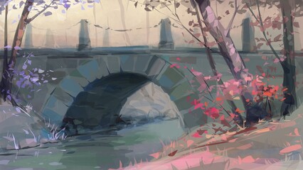 Old bridge in the park. Digital painting.