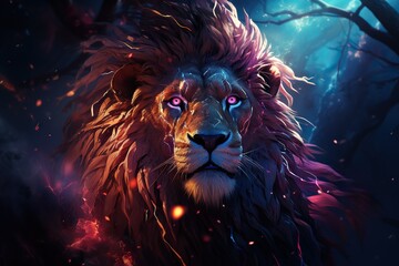 A picture of lion head. with neon lights red eyes wallpaper concept Generative AI