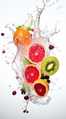 Fruit fragments fall into the water, creating splashes, in a commercial photography setting with a pure white background