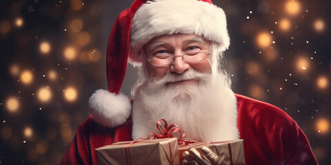 Merry Christmas, New Year's Eve concept, Happy Santa Claus holding gift box over defocused blue bokeh background with copy space, generative ai