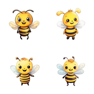 set of cute bee watercolor illustrations, safari jungle animals vector