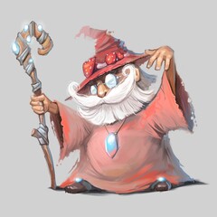 Little funny wizard in red. Digital painting illustration.