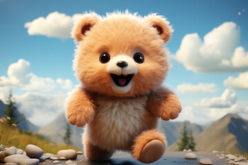 Joyous Teddy Bear on a Sunny Mountain Path